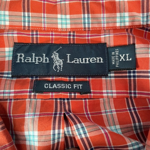 Ralph Lauren XL Classic Fit Orange Blue Plaid Button Down Shirt 100% Cotton - Picture 8 of 10
